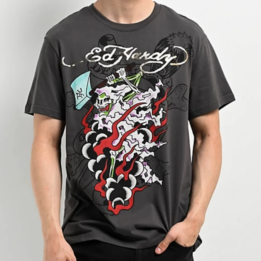 Ed Hardy Reaper T-Shirt Men' Charcoal Crew Neck Pullover Short Sleeve Size Small
